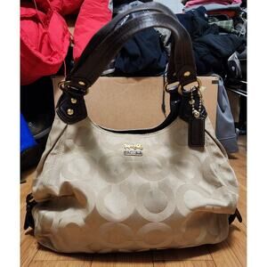 Coach Madison Hobo Style Hand Shoulder Bag #F0973-14305, Tan Sateen w Brown Trim